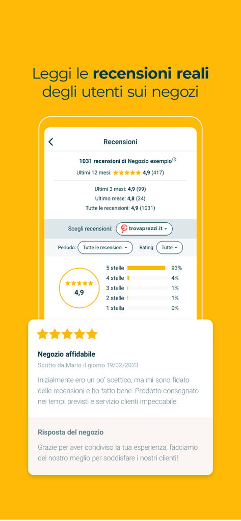 Interface de l'application Trovaprezzi montrant les avis vérifiés des utilisateurs et les évaluations par étoiles des magasins en ligne