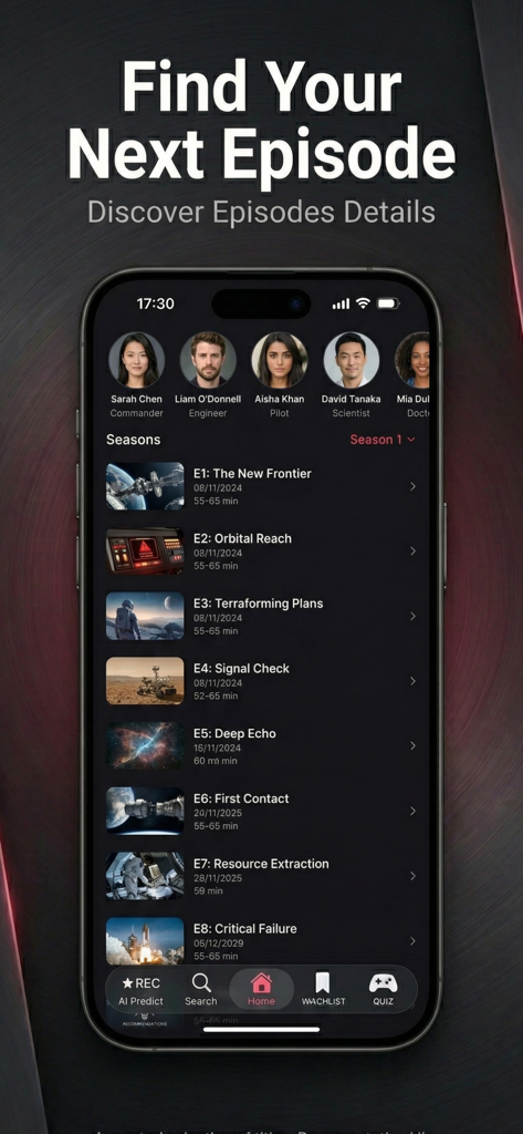 Super cine : Movies & TV Shows - Interface do aplicativo Super cine mostrando uma lista detalhada de episódios de séries e membros do elenco