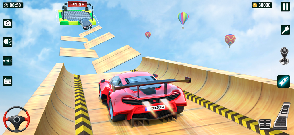 GT Car Stunt Driving Game - Red supercar driving on a wooden mega ramp in the sky towards a finish line