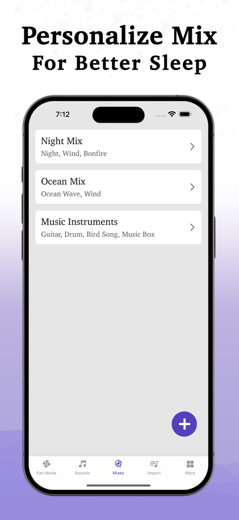 Fan Noise - White Noise Baby - A mobile app interface titled Personalize Mix For Better Sleep showing sound options like Night Mix and Ocean Mix
