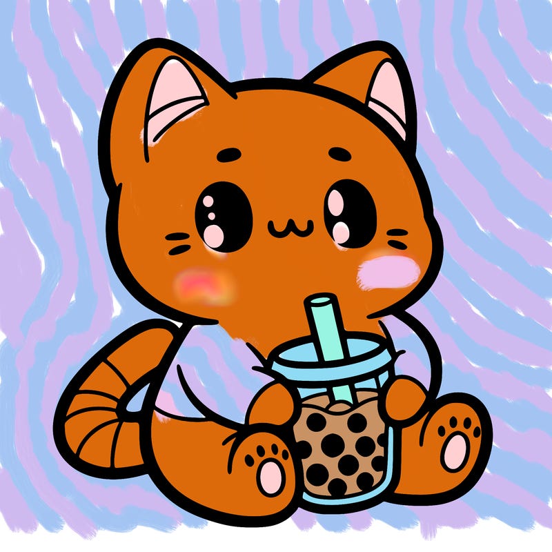 hello kitty sitting in a cute position holding boba