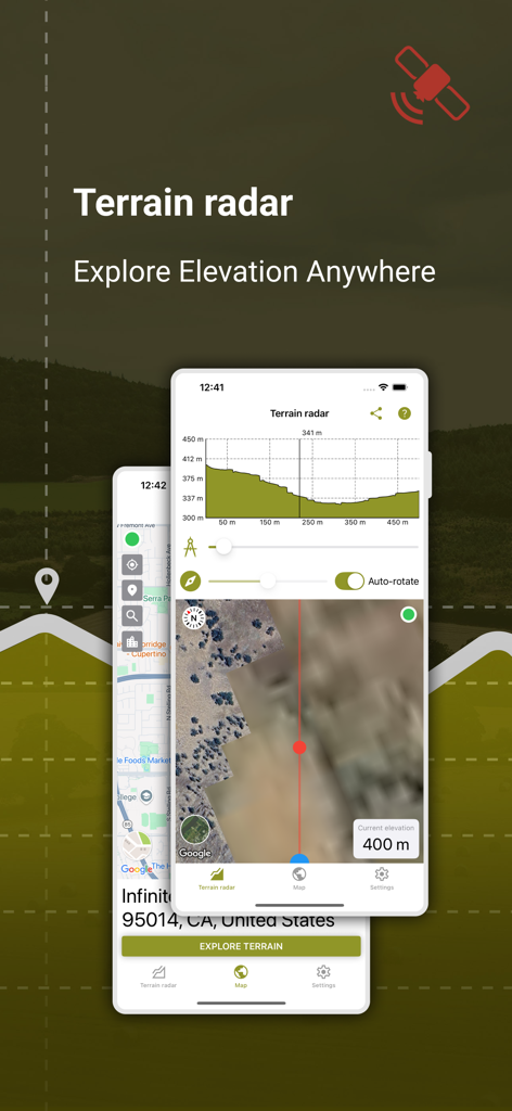 Interface do aplicativo Terrain Radar exibindo gráfico de elevação e mapeamento de terreno por satélite em um smartphone.