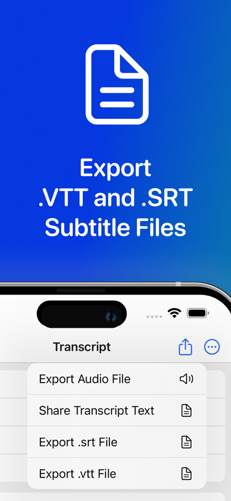 Interfaz de la aplicación Transcribe Best que muestra opciones de exportación para archivos de subtítulos SRT y VTT.