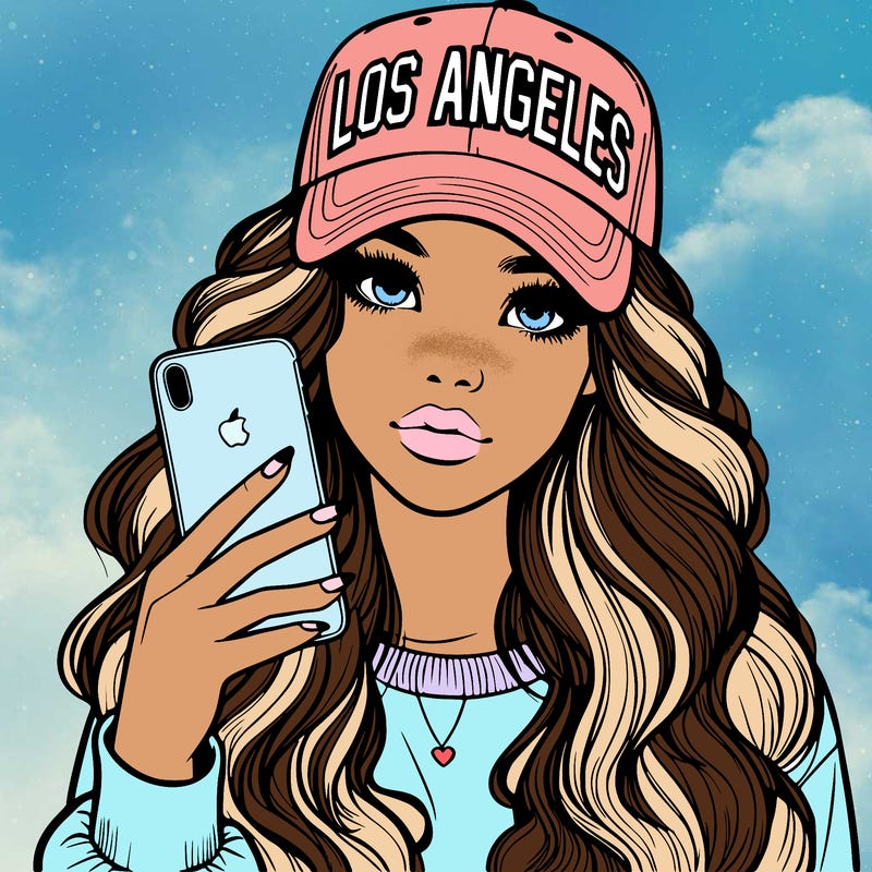 realistic beautiful girl wearing los ángeles cap holding an iphone