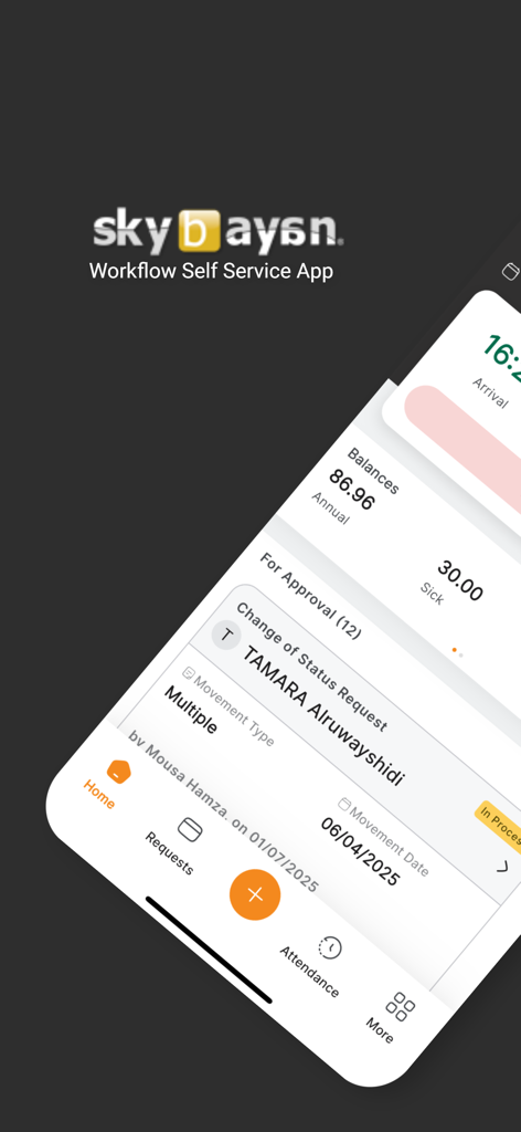 Sky Bayan HRMS - Sky Bayan HRMS app interface displaying employee leave balances and manager approval workflow