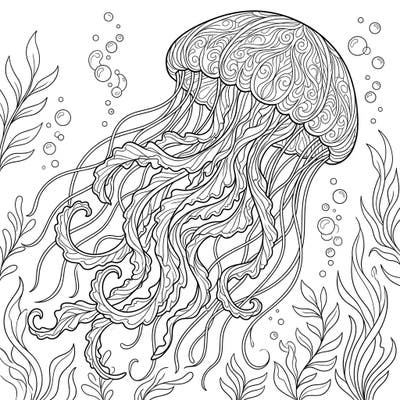 Dive into an aquatic artistic journey with this captivating Sea Nettle Jellyfish coloring page, showcasing its distinctive frilly arms and ornate bell. Discover the intricate beauty of ocean life as you bring this graceful creature and its bubbly underwater habitat to vibrant life.