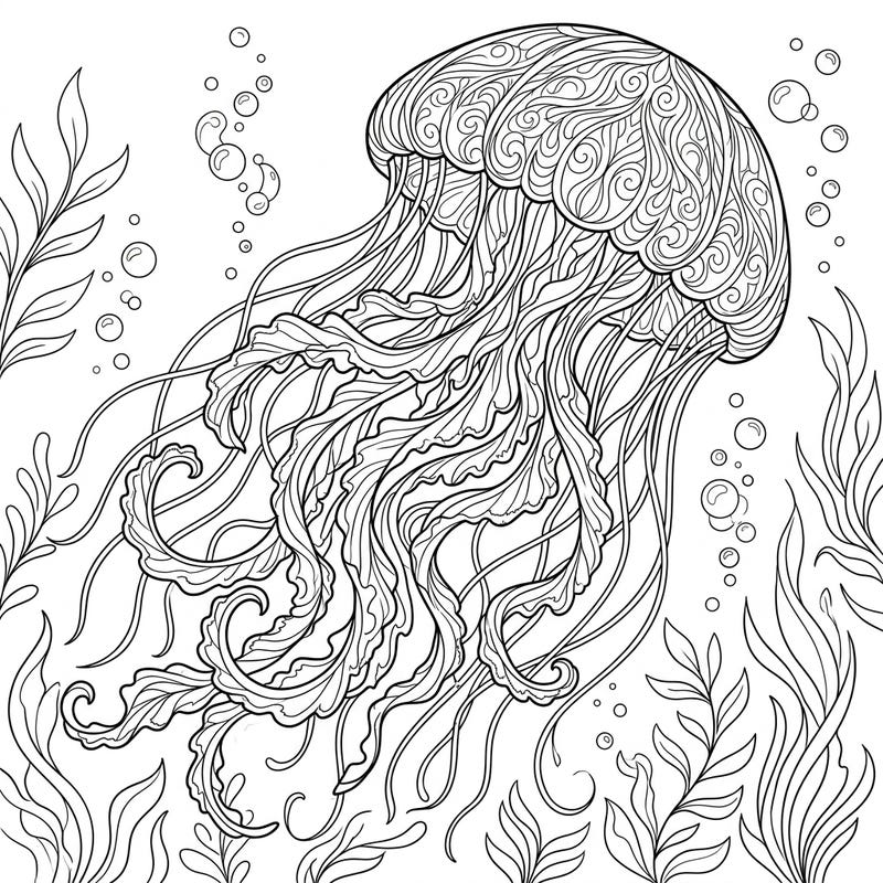 Dive into an aquatic artistic journey with this captivating Sea Nettle Jellyfish coloring page, showcasing its distinctive frilly arms and ornate bell. Discover the intricate beauty of ocean life as you bring this graceful creature and its bubbly underwater habitat to vibrant life.