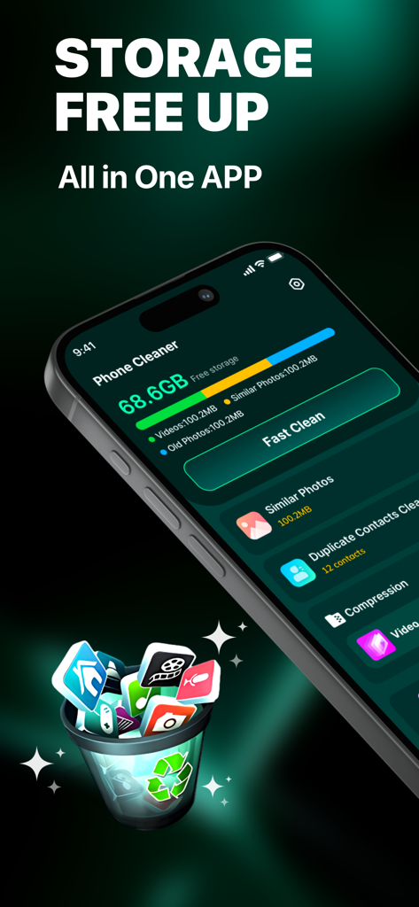 Pics Clean:Similar Photo Clean - iPhone promotional screen for Pics Clean app showing storage management interface and the text Storage Free Up All in One App