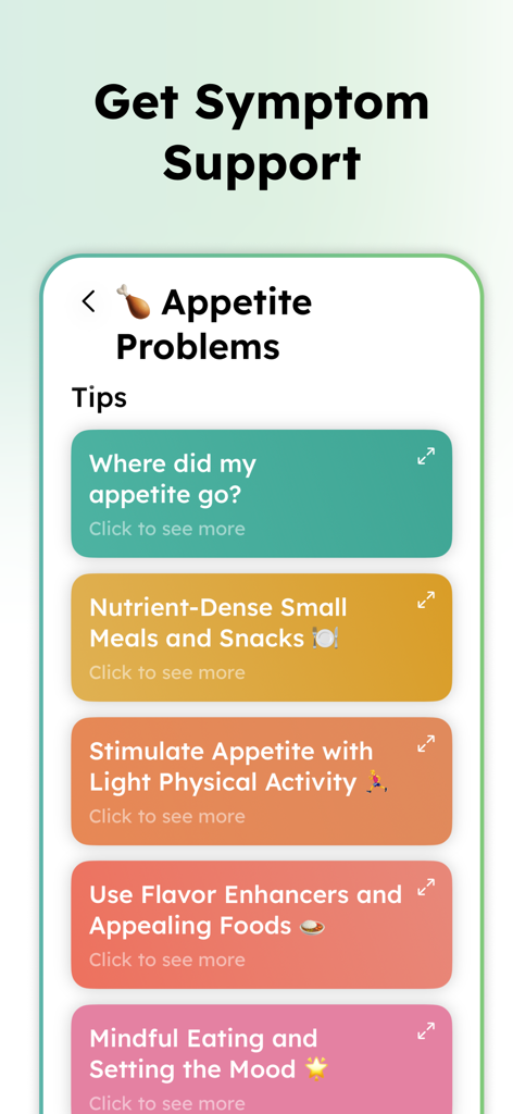 Clear30 app interface showing tips for managing appetite problems during weed withdrawal