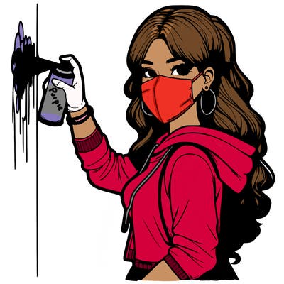 realistic girl with mask spray painting a wall