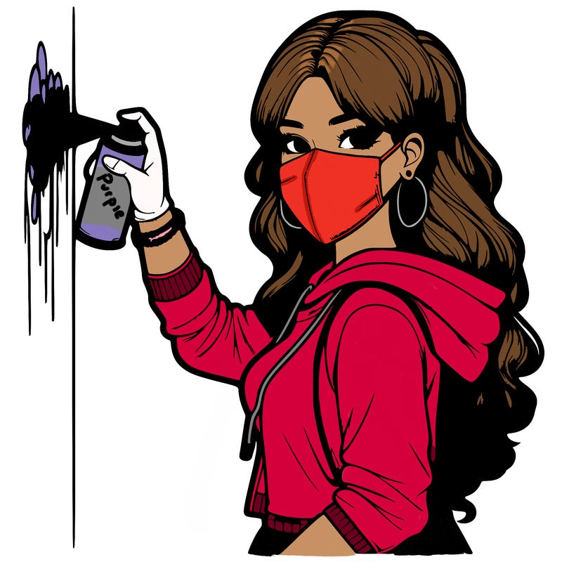 realistic girl with mask spray painting a wall