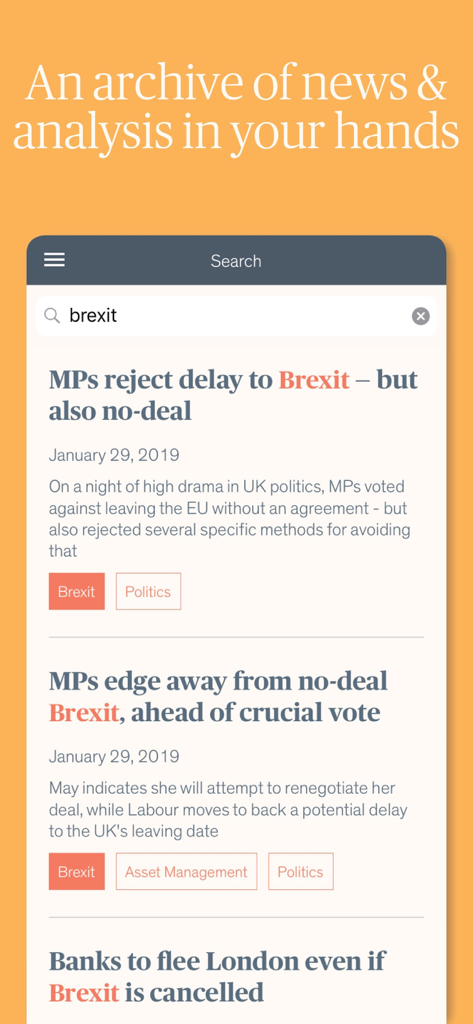 Financial News - Resultados de búsqueda de Brexit en la aplicación Financial News que muestran titulares de análisis de noticias