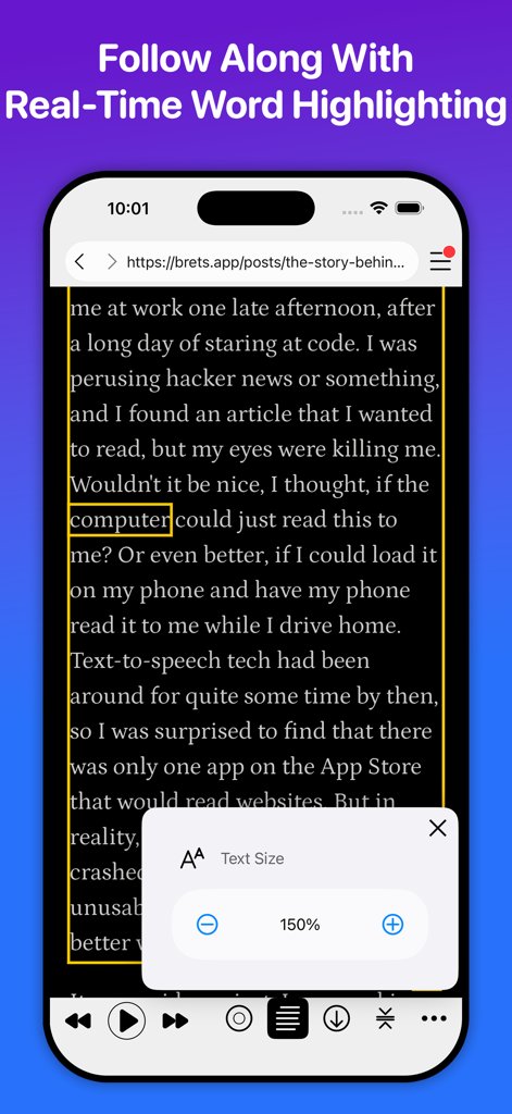 WebOutLoudアプリインターフェース。リアルタイムの単語ハイライトとテキストサイズ調整オプションを表示