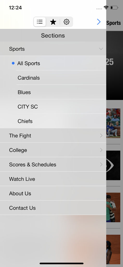 Matrix Midwest - Navigation menu of Matrix Midwest app showing sections for Cardinals Blues CITY SC Chiefs and live viewing options