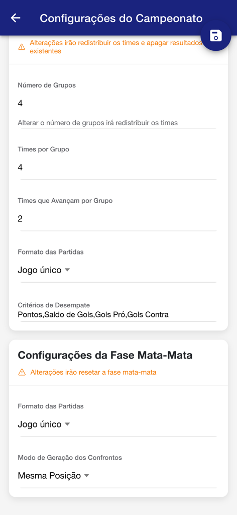 Campeonato fácil - Pantalla de configuración del torneo que muestra opciones de fase de grupos y fase eliminatoria