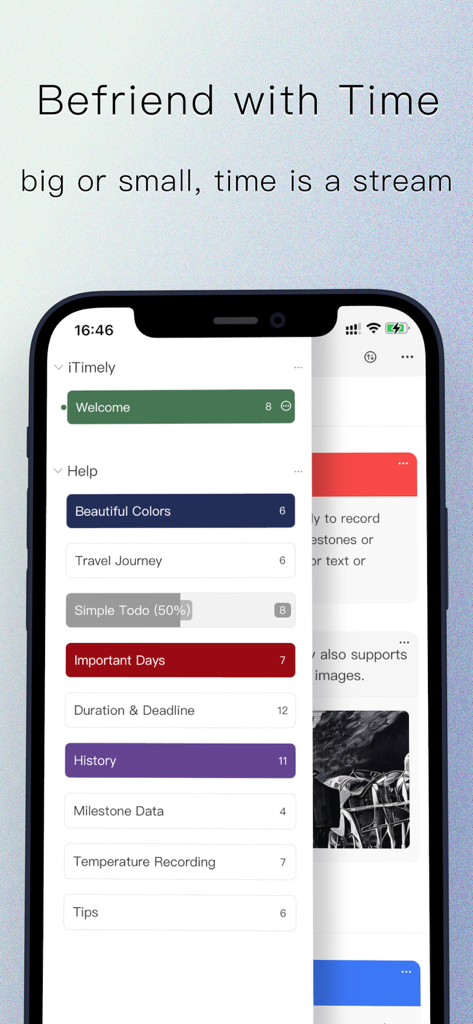 iTimely - Timeline & Milestone - iTimely App-Oberfläche zeigt verschiedene Timeline-Kategorien wie Reise-To-Dos und Meilensteine