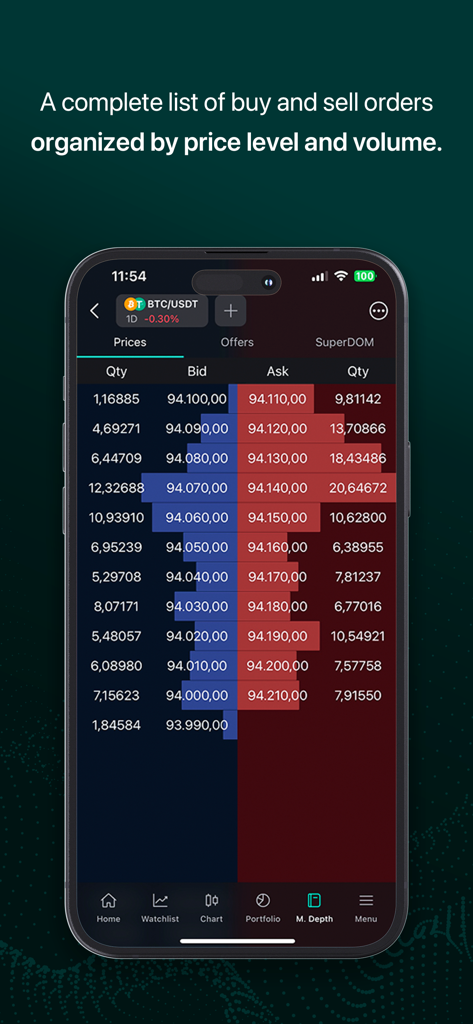 Vector Nelogica - Vector Nelogica app displaying a detailed cryptocurrency order book with bid and ask price levels