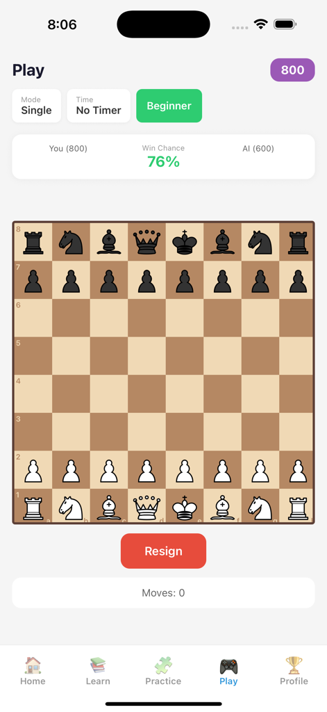 Chess Academy - Play & Learn - Mobile app screen showing the starting position of a chess board in play mode against AI