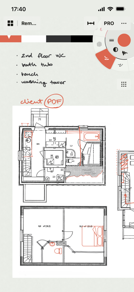 Concepts - Anotações escritas à mão em uma planta baixa arquitetônica na interface do aplicativo Conceitos.
