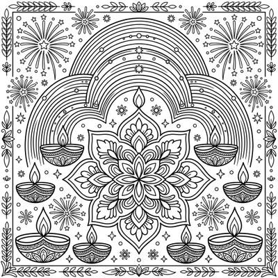 Dive into the festive spirit of Diwali with this enchanting coloring page, beautifully merging the unique wonder of supernumerary bows with traditional radiant designs. Featuring intricate mandalas, twinkling fireworks, and glowing diyas, it's a perfect blend of modern art and cultural celebration.