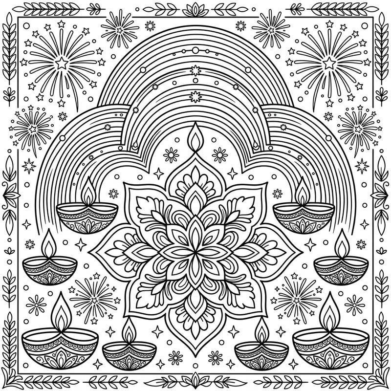 Dive into the festive spirit of Diwali with this enchanting coloring page, beautifully merging the unique wonder of supernumerary bows with traditional radiant designs. Featuring intricate mandalas, twinkling fireworks, and glowing diyas, it's a perfect blend of modern art and cultural celebration.