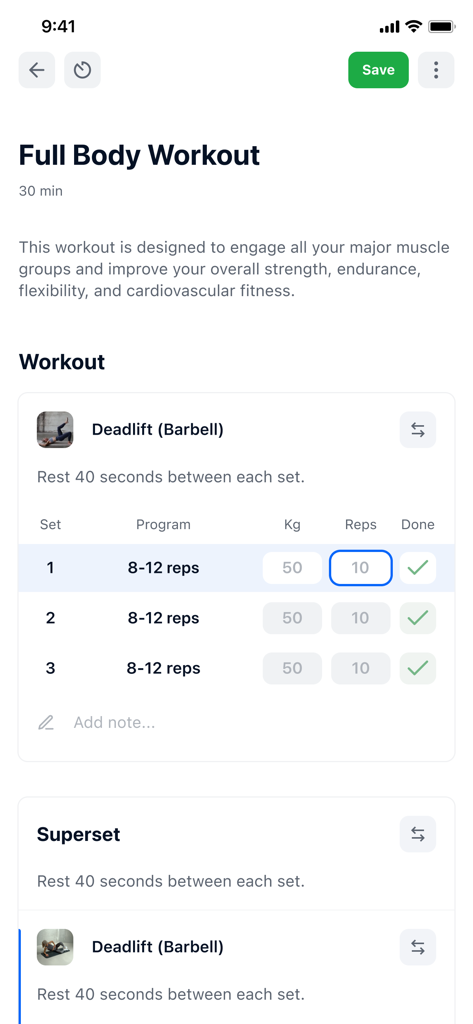 Online Coach - Online Coach app interface showing a deadlift workout log with sets and repetitions tracker.