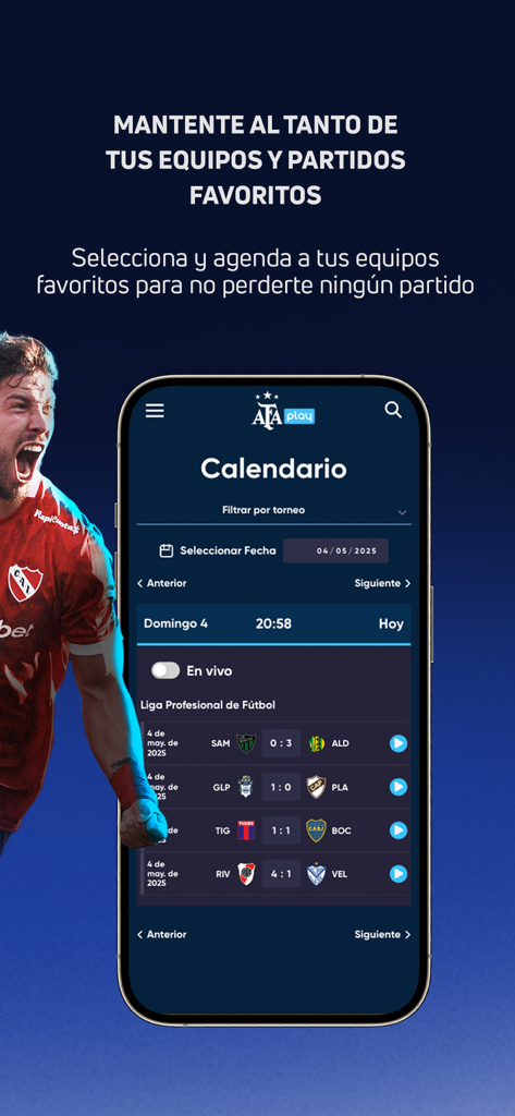 The AFA Play app screen displaying a soccer match calendar with scores and schedules for Argentinian clubs