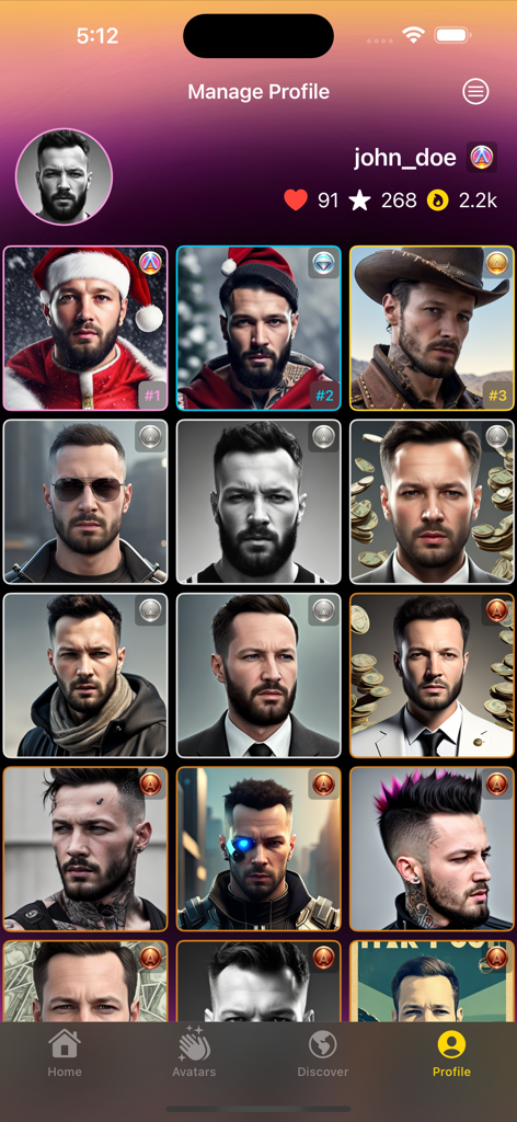 Une interface d'application mobile montrant une page de profil avec une grille d'avatars masculins divers générés par IA dans différents styles artistiques.