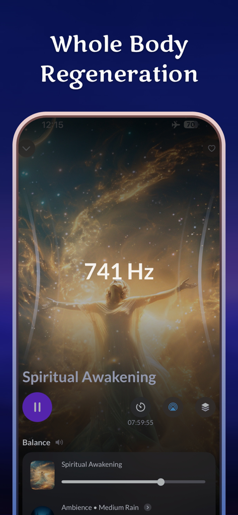 Healingo app interface showing a 741 Hz spiritual awakening session for whole body regeneration.