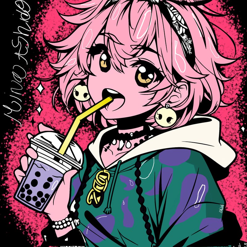 hot baddie anime girl drinking boba and biting the straw