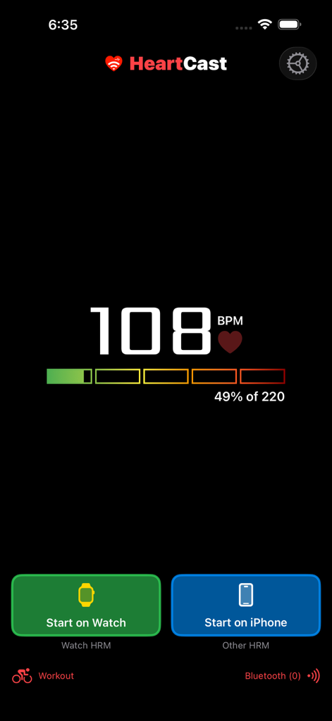 HeartCast app interface showing 108 BPM heart rate display and start buttons for Apple Watch and iPhone