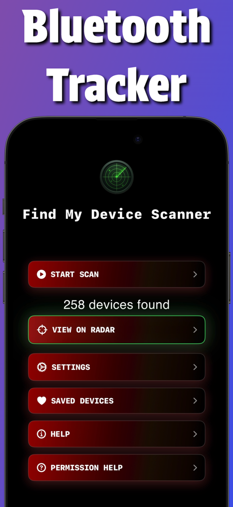 Find My Device Scanner - The main menu of the Find My Device Scanner app featuring a Bluetooth tracker and radar options.