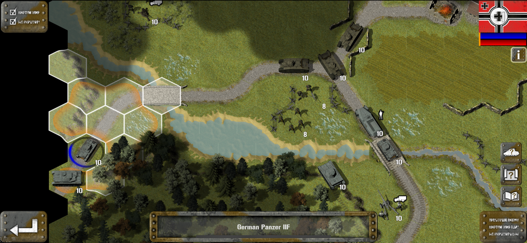 Top-down view of a tactical hex-based battlefield in Tank Battle Blitzkrieg featuring German tanks and units.