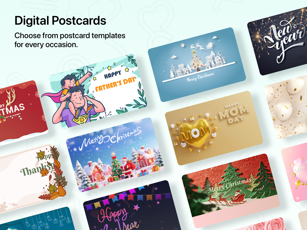 Uhale Photo Frame & Clock - A collection of colorful digital postcard templates for various holidays and occasions within the Uhale app.