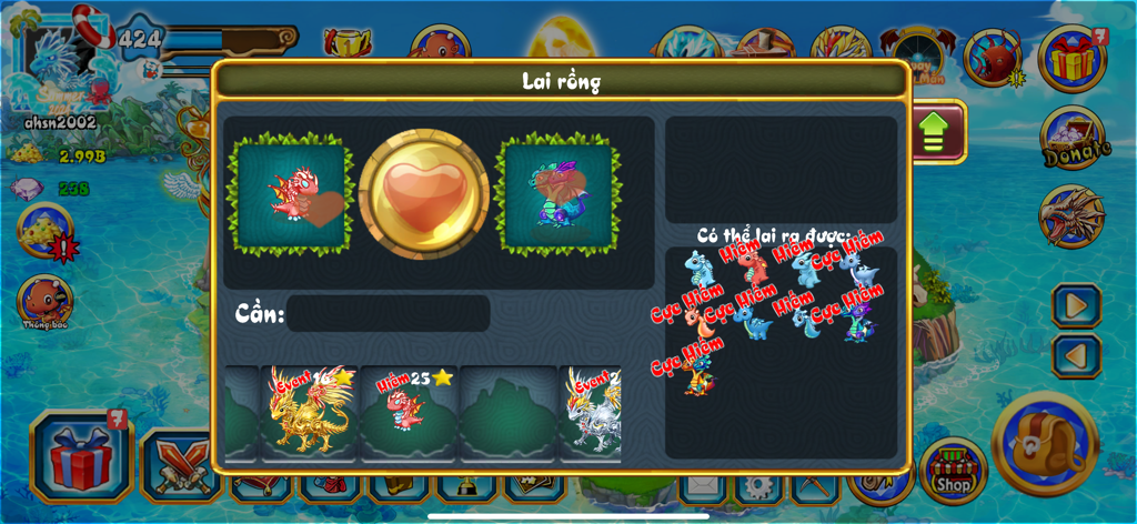 In-game screen showing the dragon breeding interface with two parent dragons and potential rare offspring in Đao Rong Mobile.