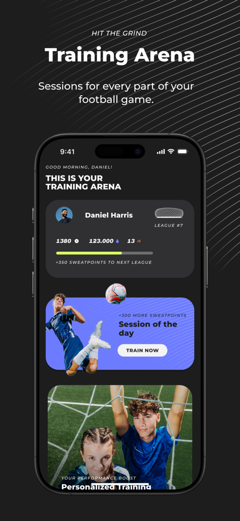 B42: Pro Soccer Training - B42 soccer training app dashboard showing the training arena with personalized workout sessions and player stats
