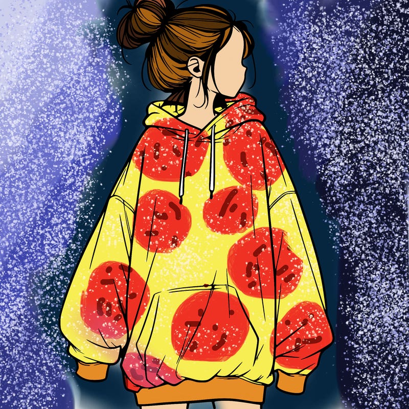 realistic girl with a oversized sweatshirt on and a bun