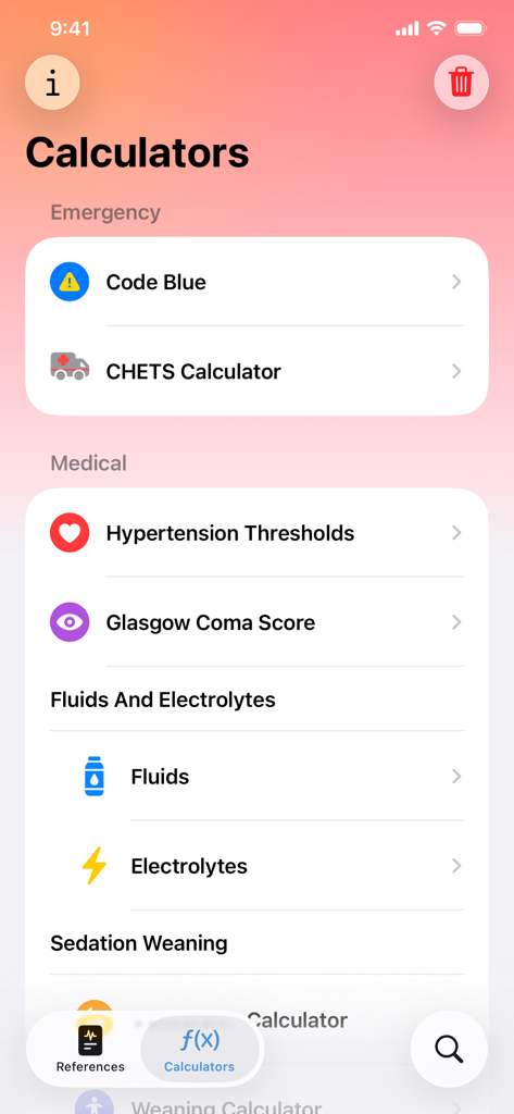 CICU Genie - Interface do aplicativo CICU Genie mostrando vários calculadores médicos para cuidados de emergência, limiares de hipertensão e Escala de Coma de Glasgow.