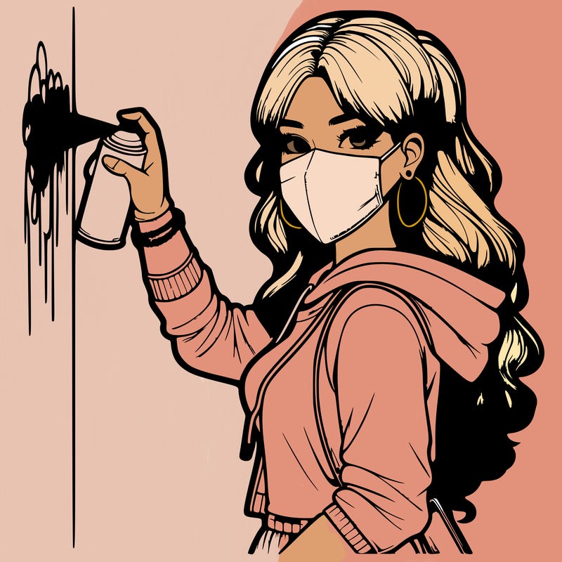 realistic girl with mask spray painting a wall