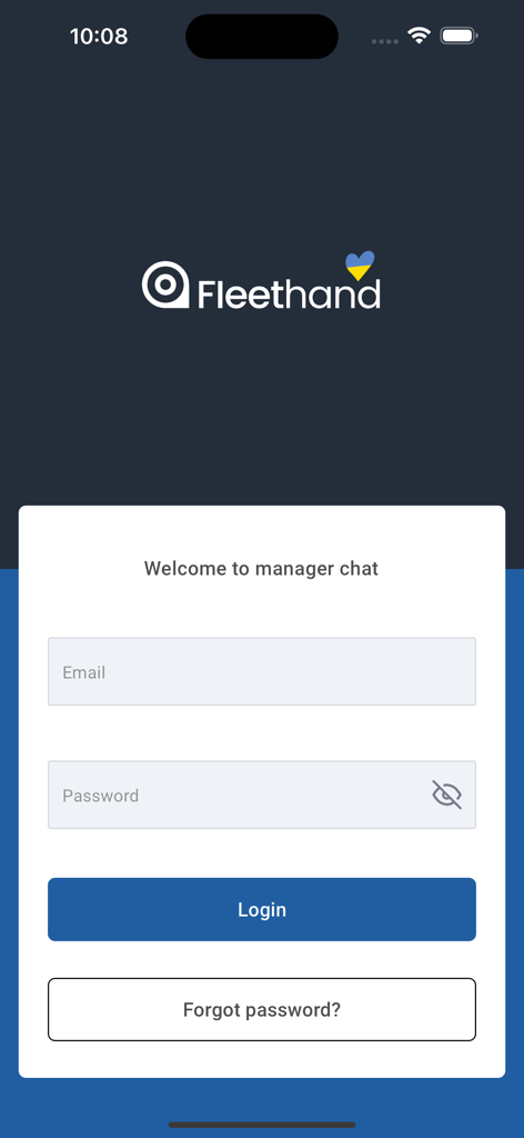 Fleethand - Fleethand Dispatcher login screen for fleet managers featuring email and password fields