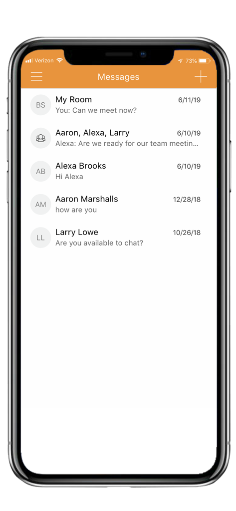 Interface de messagerie de l'application Vonage Enterprise pour AD montrant une liste de discussions récentes d'entreprise
