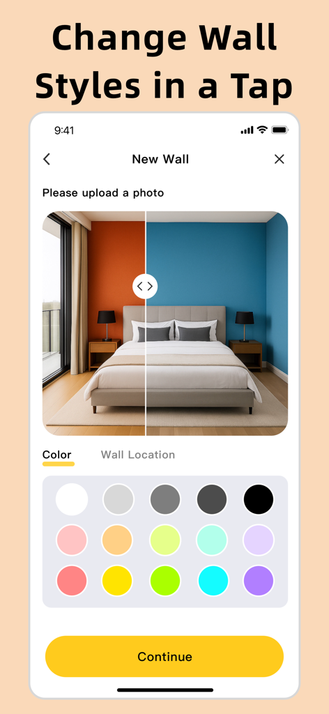 Interior Design：AI Spacely - オレンジと青の壁のペンキの色を分割画面でプレビュー表示した寝室を示すAI Spacelyアプリのインターフェース。