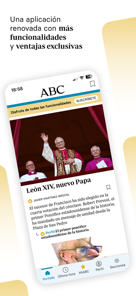 Interfaz de la aplicación móvil Diario ABC mostrando el titular de un artículo de noticias y una foto del Papa
