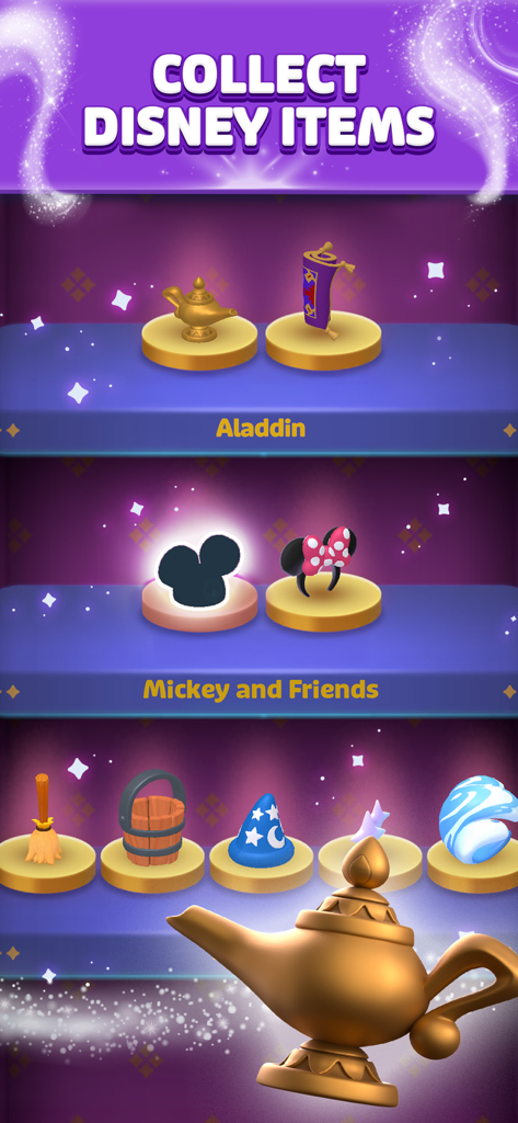 Disney Magic Match 3D - Una pantalla de colección en la aplicación Disney Magic Match 3D que muestra varios objetos icónicos de Aladdin y Mickey y sus Amigos en estantes.