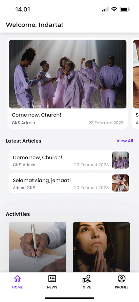 Erista - The home dashboard of the Erista church app displaying news articles and activities for congregation members