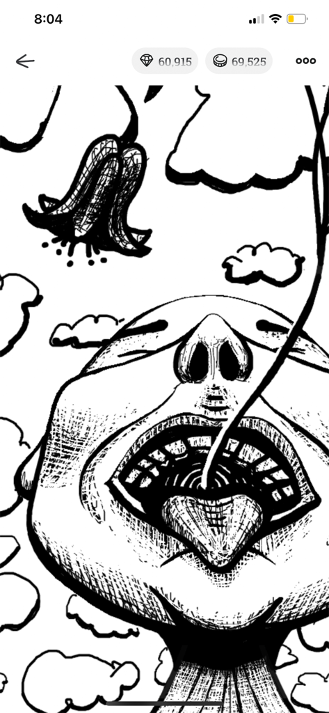 DrawnTogether - A black and white hand drawn surrealist character with a wide open mouth and a flower in the DrawnTogether app