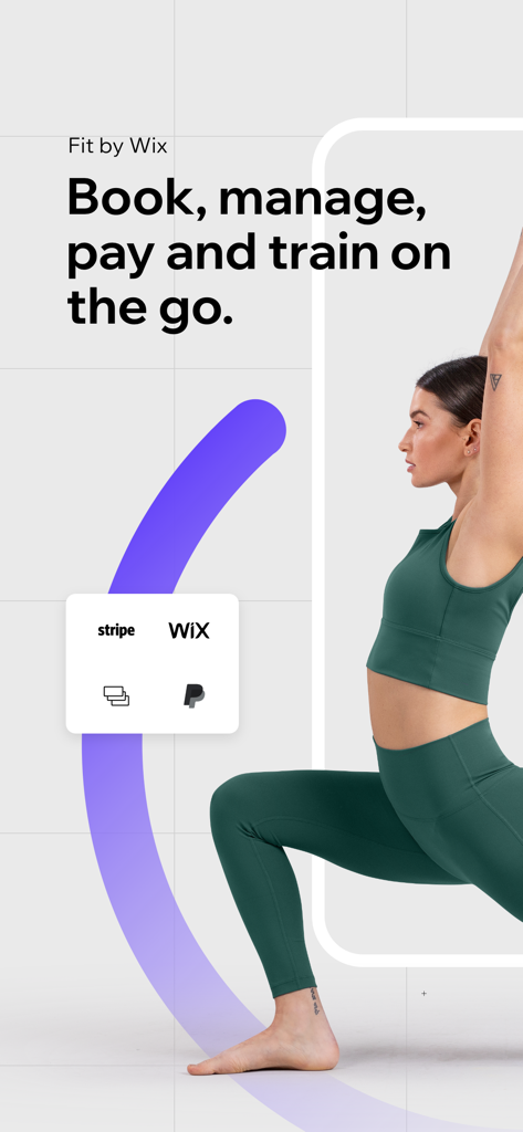 Fit by Wix - Pantalla de inicio de la aplicación de reserva de fitness Fit by Wix con una mujer en pose de fitness e iconos de métodos de pago seguros.
