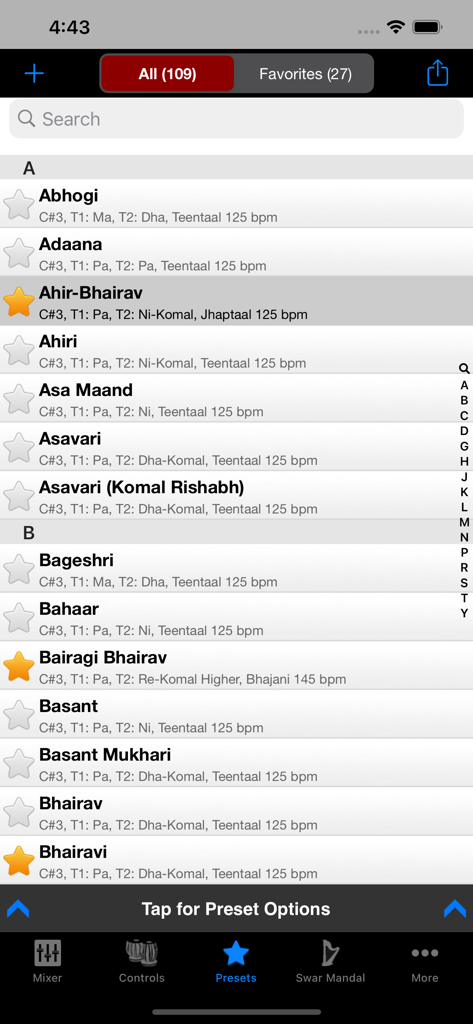 iTablaPro - iTablaPro app screen showing a list of Indian classical raag presets with settings for scale and rhythm.