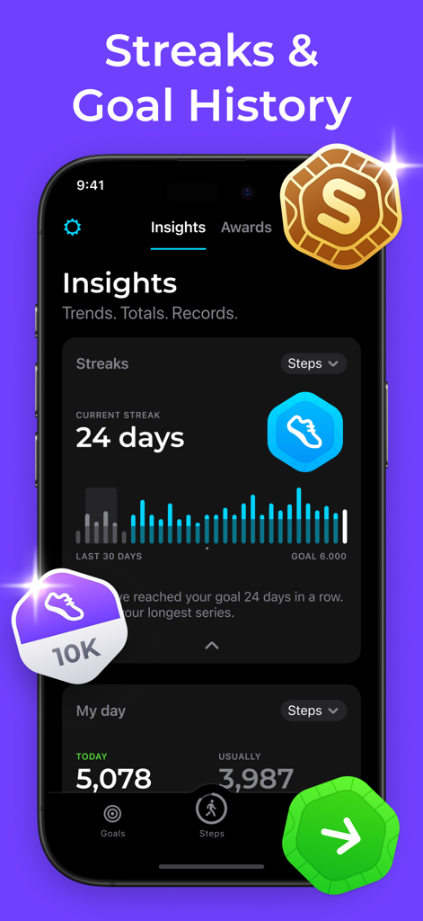 Interface of StepsApp Pedometer showing daily step streaks and activity history charts