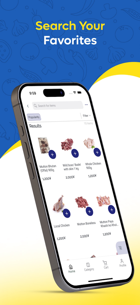 Resultados de búsqueda de productos de carne Halal en la aplicación Mini Nepal Shopping.